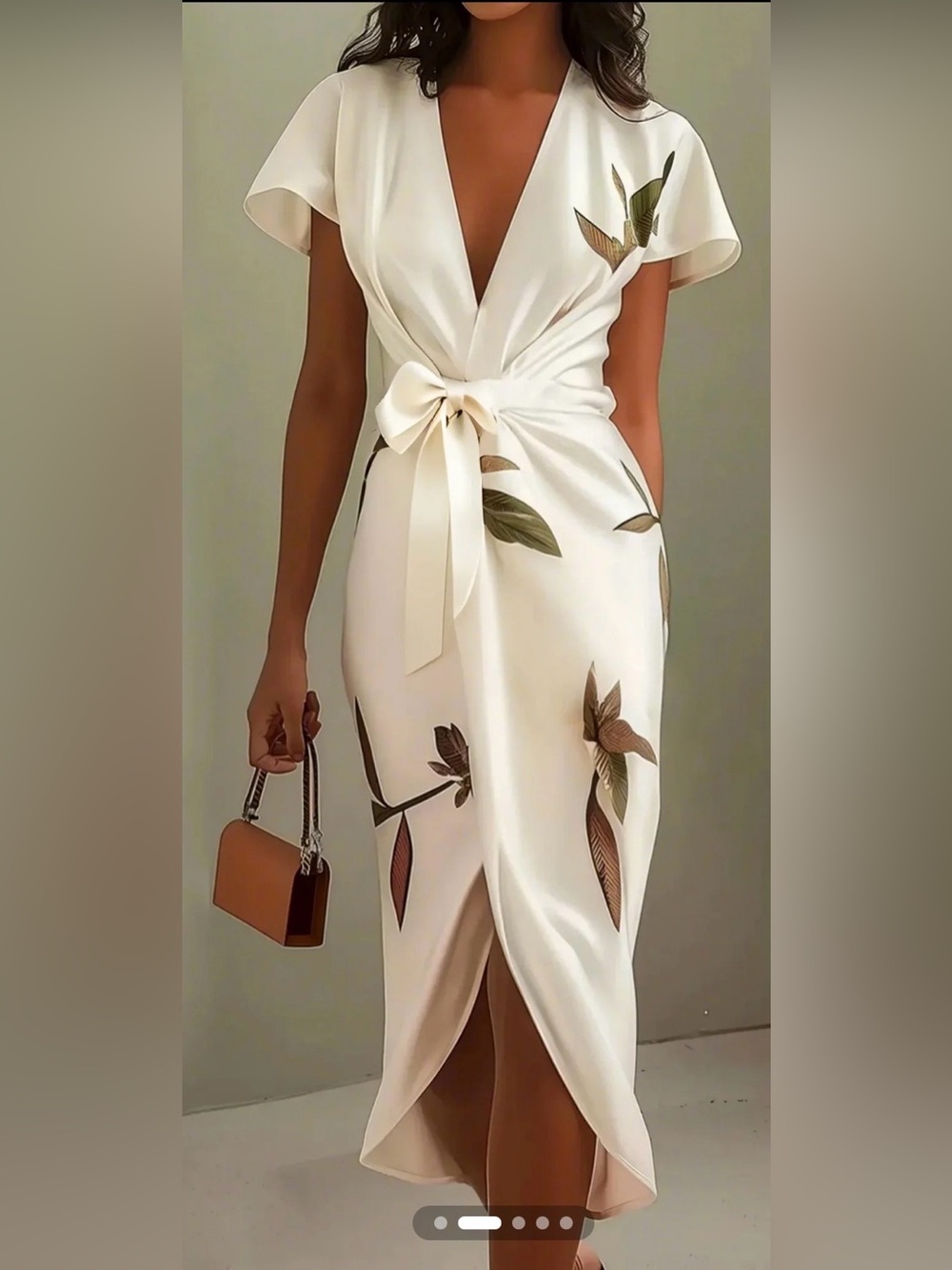 White Floral Wrap Midi Dress with Leaf Print #251 - Picture 10 of 14